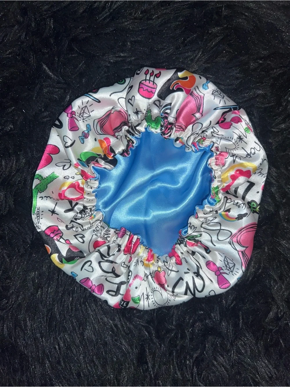 Bébé’s Hair Bonnets -Light blue and Multi-colored satin bonnet